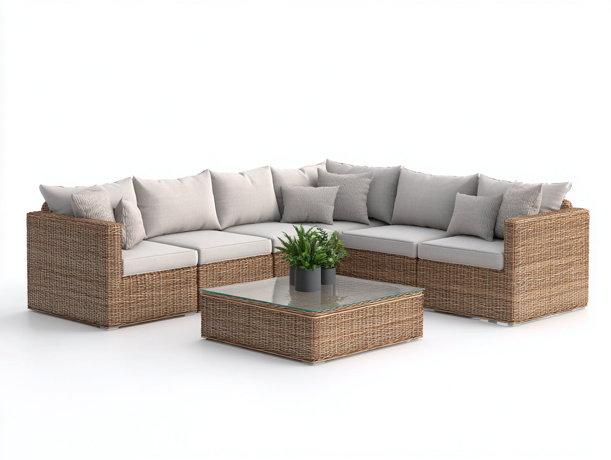 Canapé de jardin - Résine tressée-Tissu-Verre - 278 x 218 x 75 cm - Brun clair-Beige clair - Style contemporain
