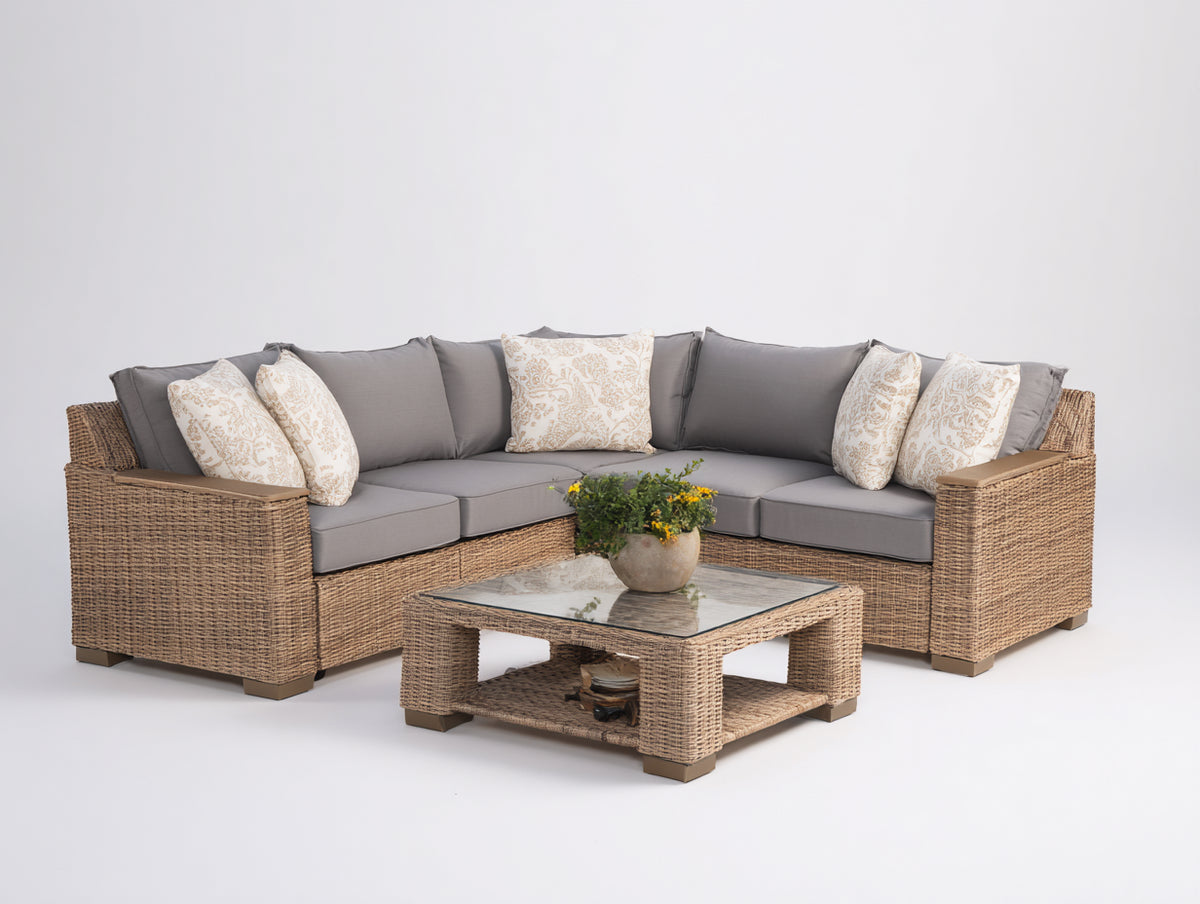 Canapé de jardin - Résine tressée-Tissu-Bois-Verre - 270 x 270 x 76 cm - Brun clair-Gris taupe - Style contemporain