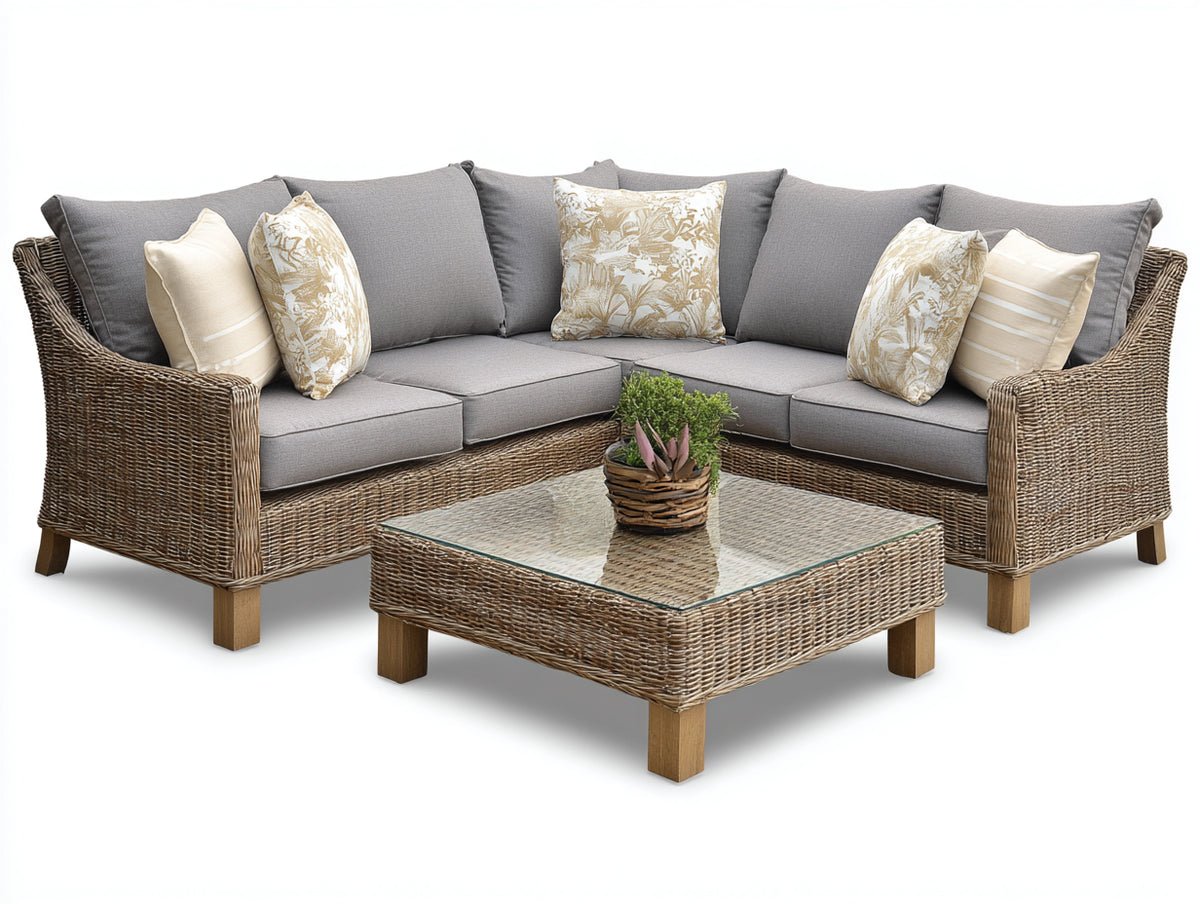 Canapé de jardin - Résine tressée-Tissu-Bois-Verre - 248 x 248 x 78 cm - Brun taupe-Gris - Style naturel