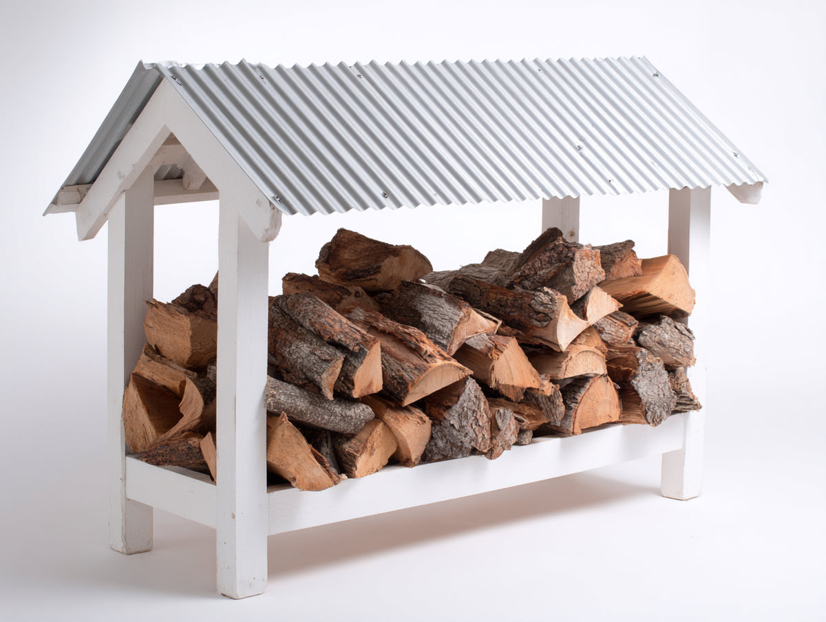 Abri à bûches - Bois-Métal - 145x65x135 cm - Blanc-Gris argenté - Style rustique