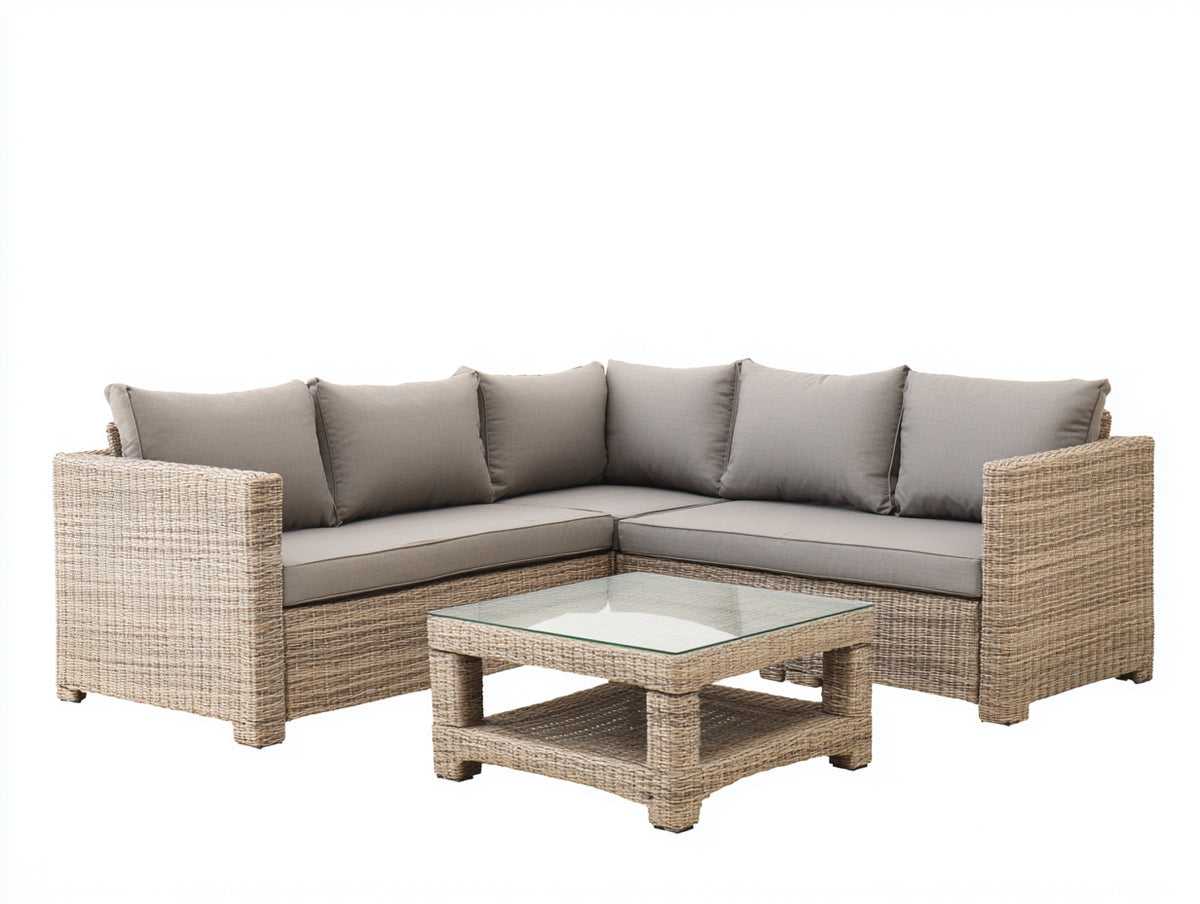 Canapé de jardin - Résine tressée-Tissu-Verre - 242 x 242 x 76 cm - Beige-Gris taupe - Style contemporain