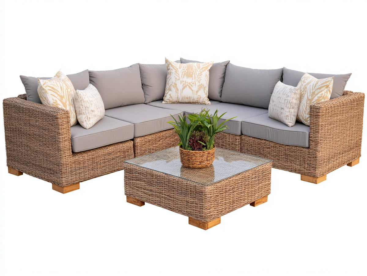 Canapé de jardin - Résine tressée-Tissu-Bois-Verre - 262 x 262 x 75 cm - Brun miel-Gris clair - Style contemporain
