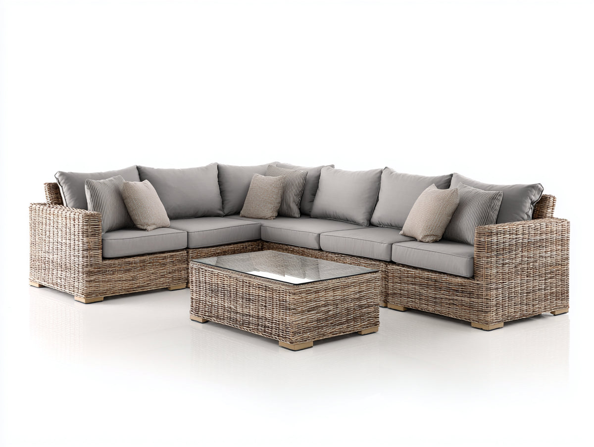 Canapé de jardin - Résine tressée-Tissu-Verre - 278 x 216 x 75 cm - Brun-Gris clair - Style contemporain