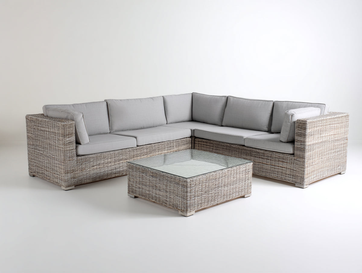 Canapé de jardin - Résine tressée-Tissu-Verre - 286 x 286 x 75 cm - Gris beige-Gris clair - Style minimaliste