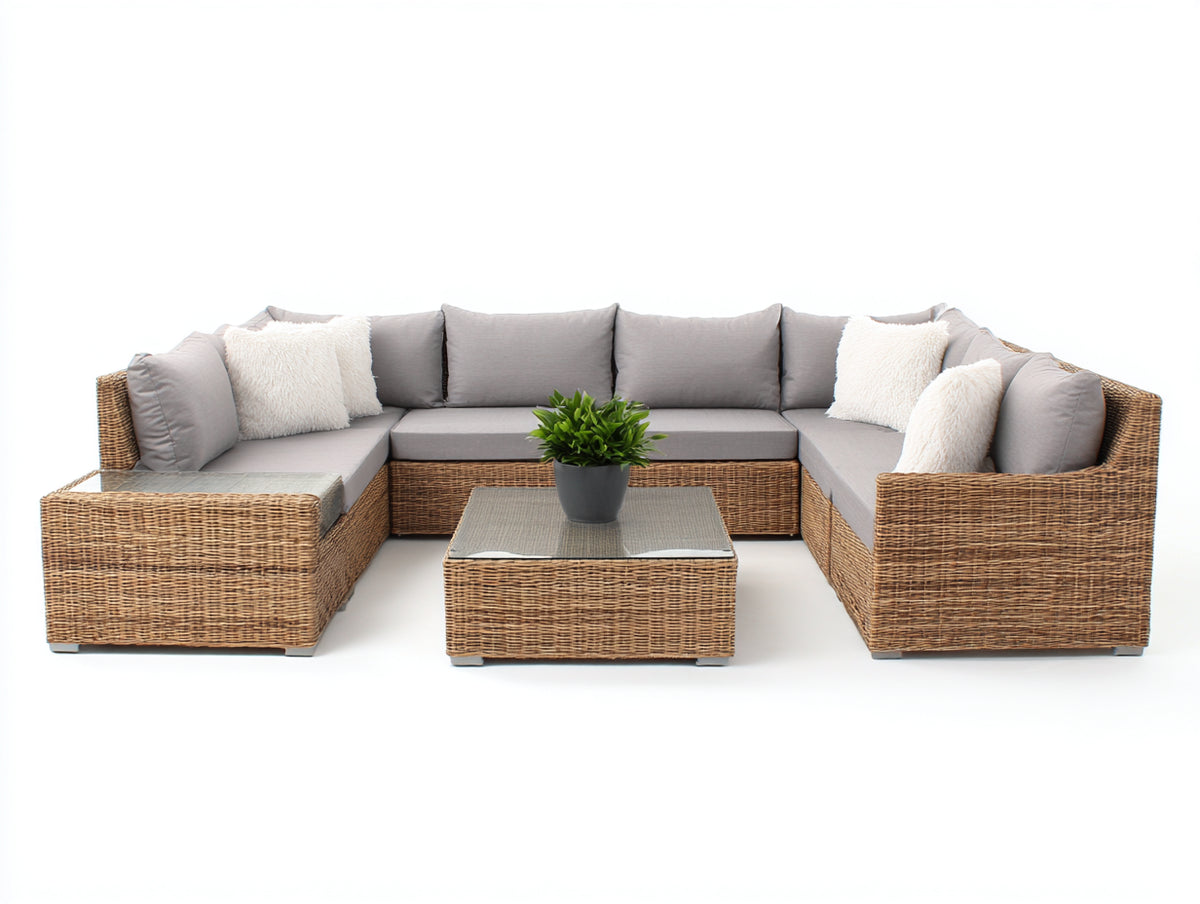 Canapé de jardin - Résine tressée-Tissu-Verre - 288 x 220 x 74 cm - Brun-Gris clair - Style contemporain