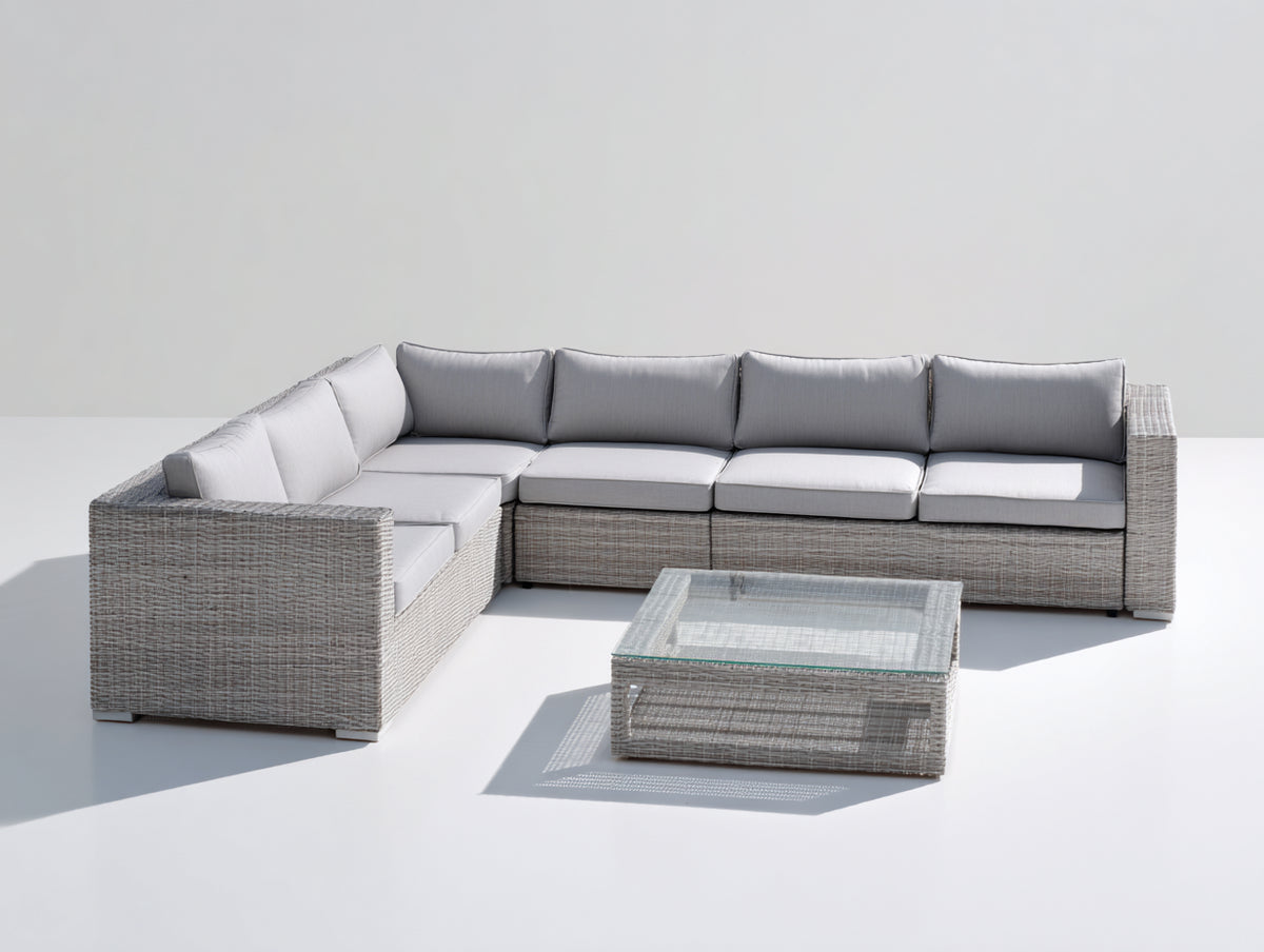 Canapé de jardin - Résine tressée-Tissu-Verre - 318 x 220 x 73 cm - Gris clair-Gris perle - Style contemporain