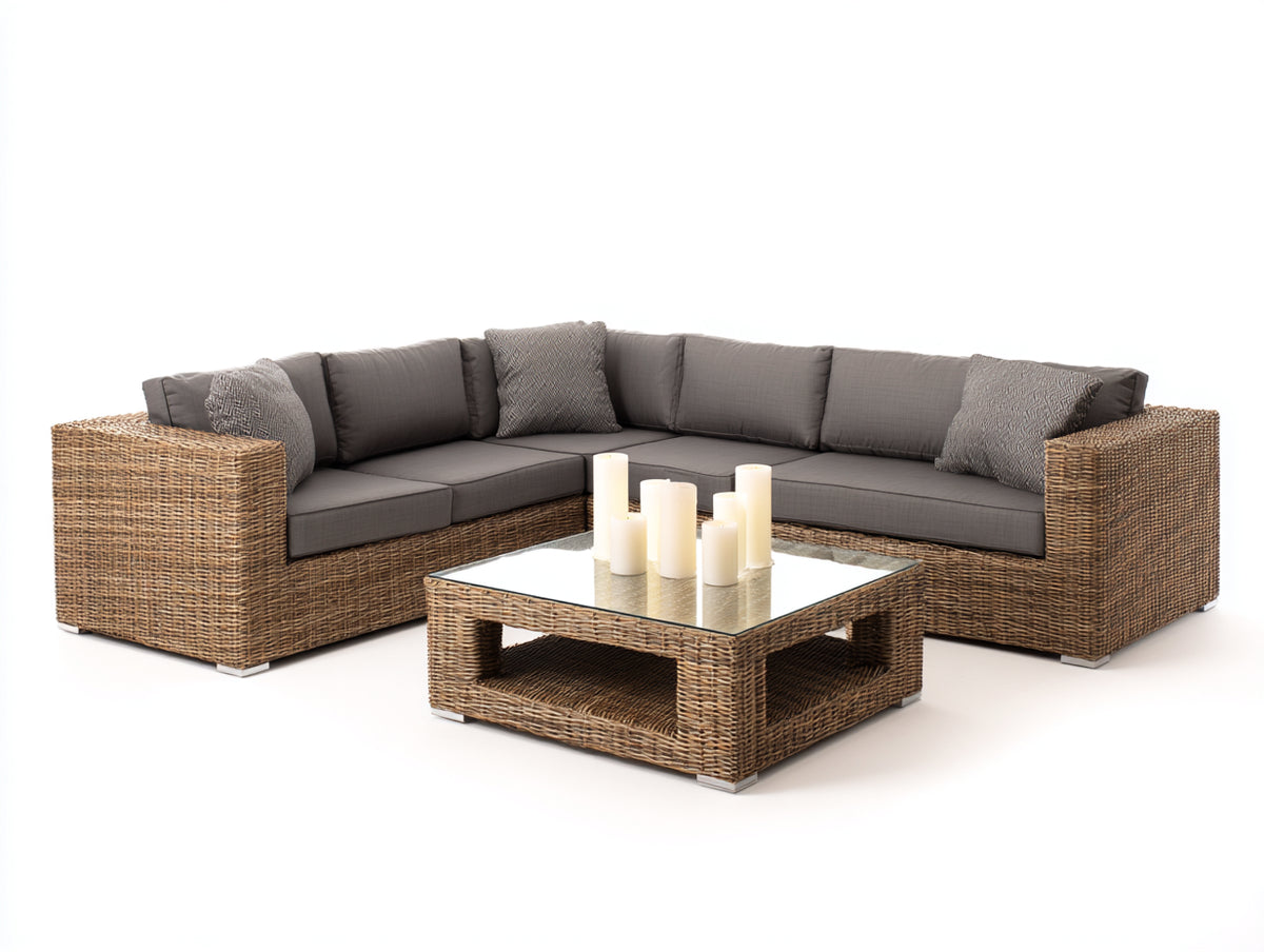 Canapé de jardin - Résine tressée-Tissu-Verre - 260 x 247 x 75 cm - Brun clair-Gris taupe - Style contemporain