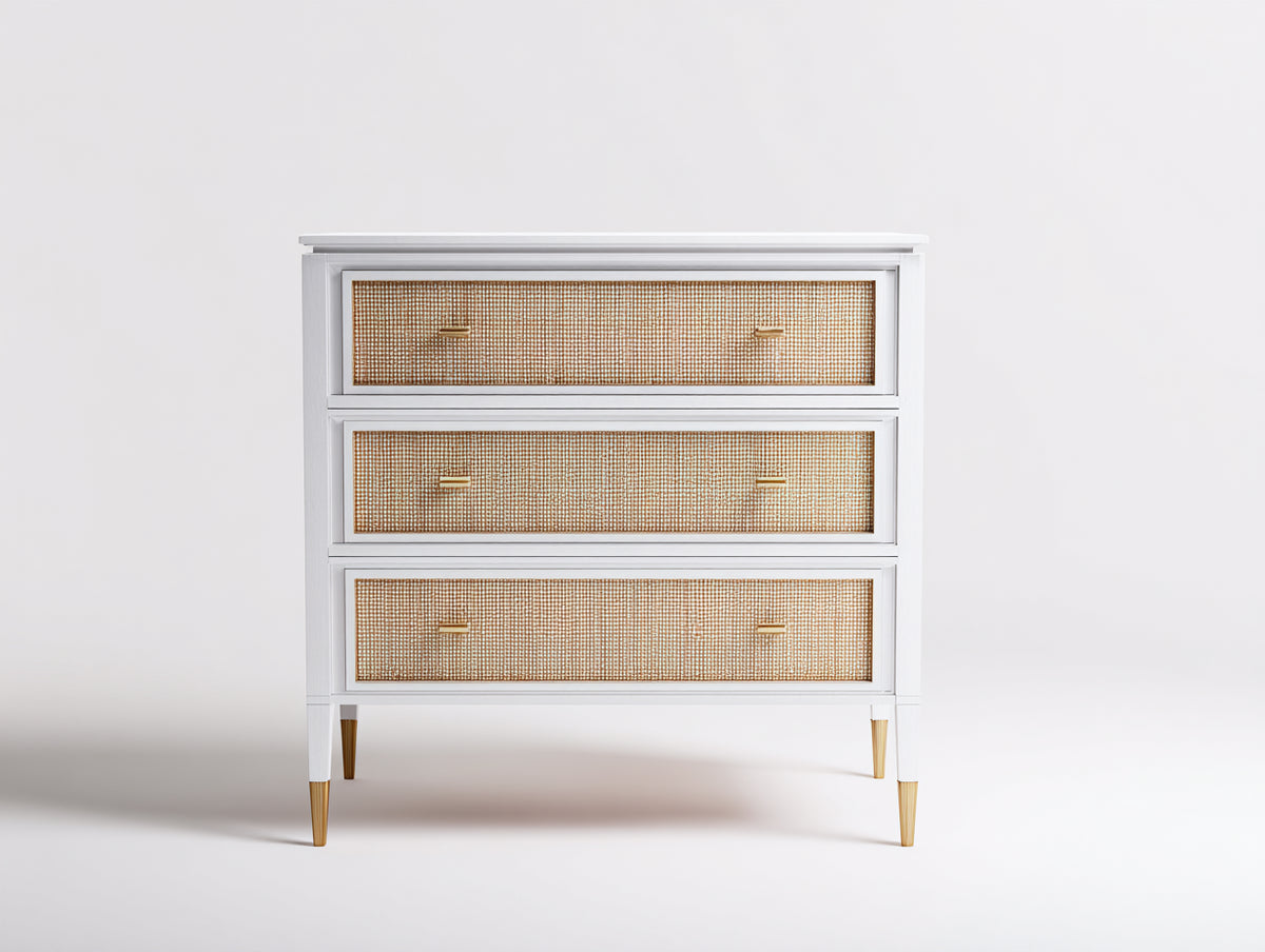 Table de chevet - Bois-Rotin-Métal - 78 x 42 x 84 cm - Blanc-Naturel-Laiton - Style bohème chic