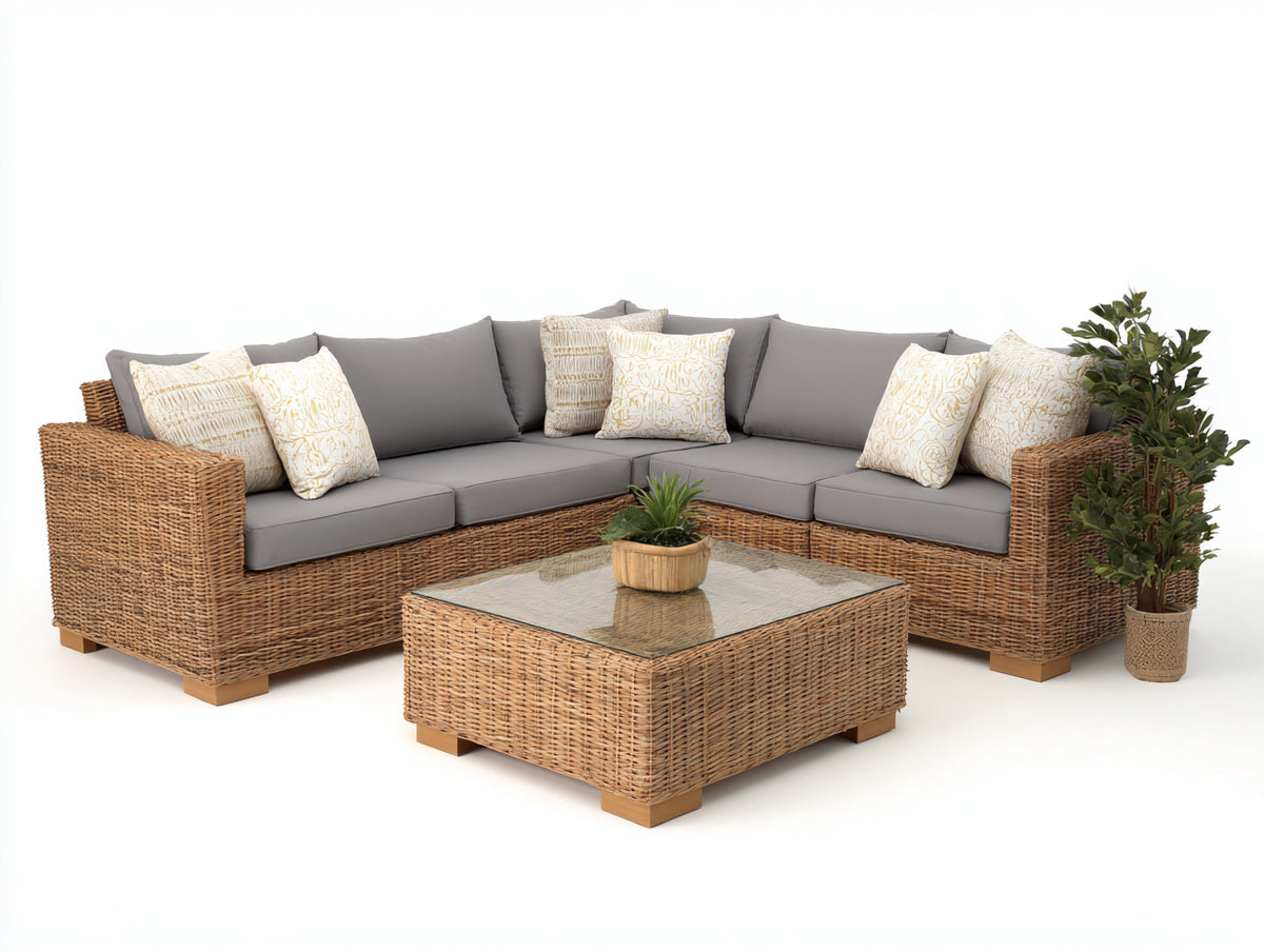 Canapé de jardin - Résine tressée-Tissu-Verre - 268 x 268 x 74 cm - Brun miel-Gris - Style contemporain