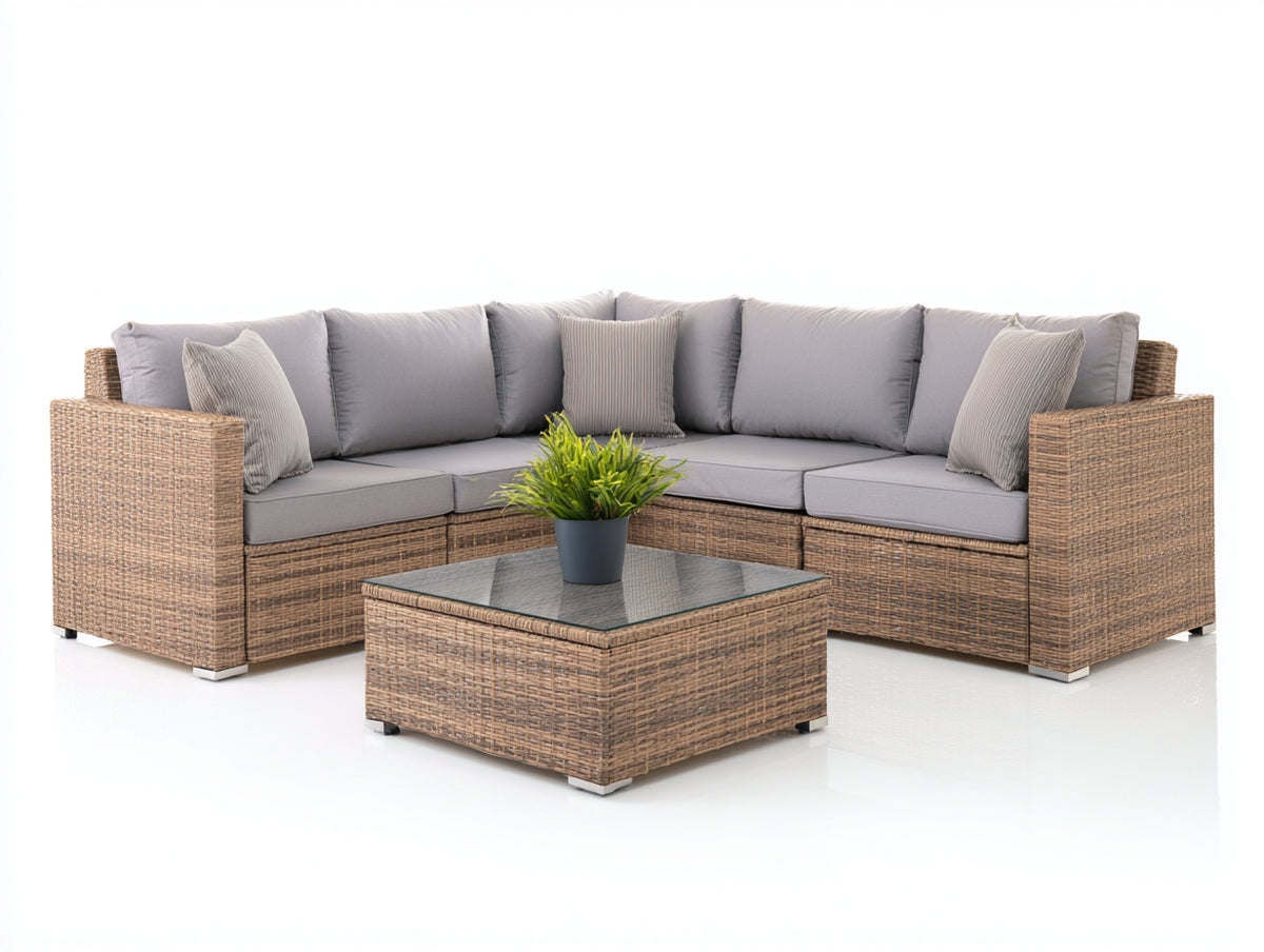 Canapé de jardin - Résine tressée-Tissu-Verre - 252 x 252 x 74 cm - Brun clair-Gris clair - Style contemporain