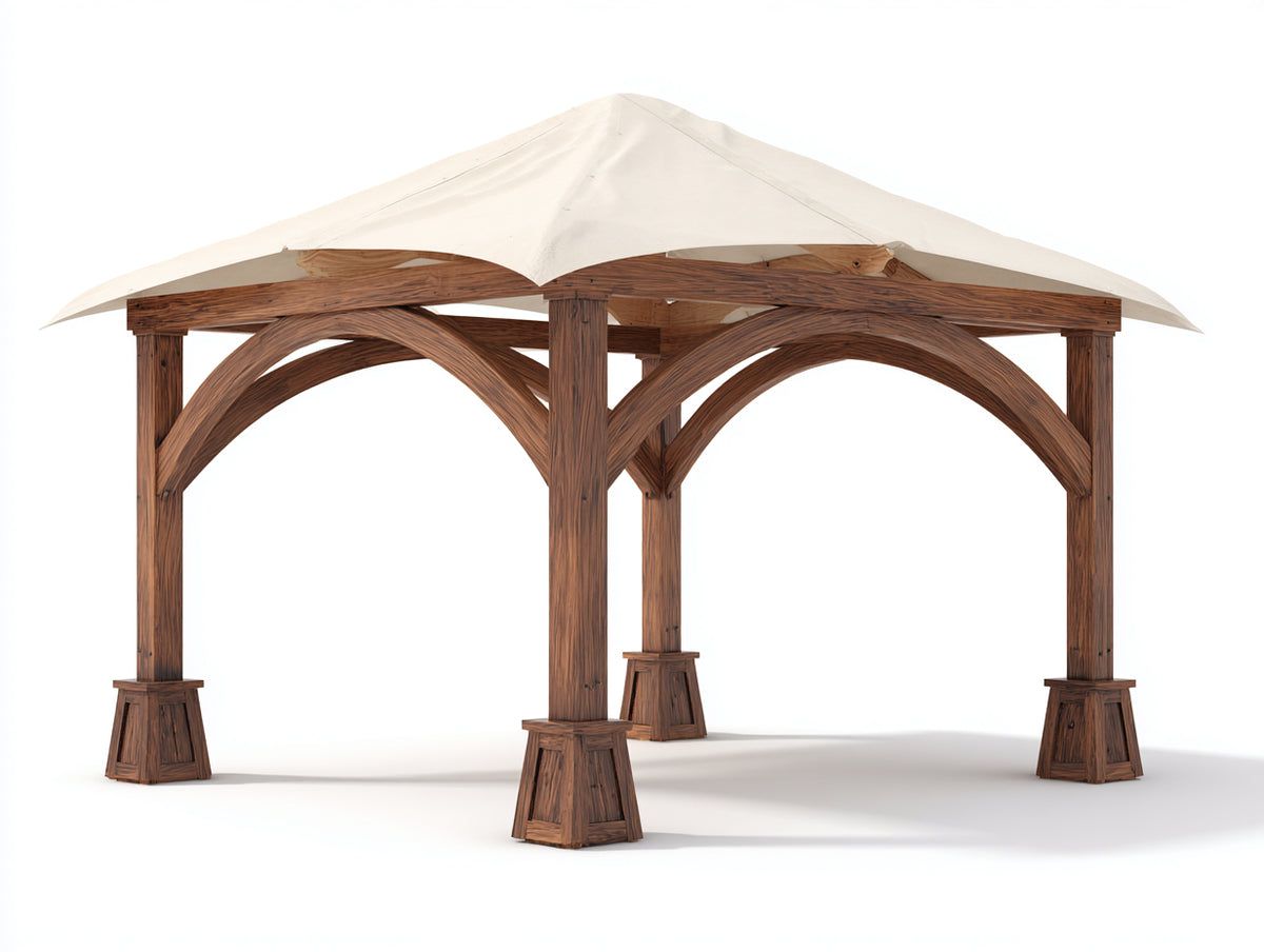 Tonnelle de jardin - Bois-Textile - 300 x 300 x 260 cm - Bois foncé-Écru - Style pavillon classique